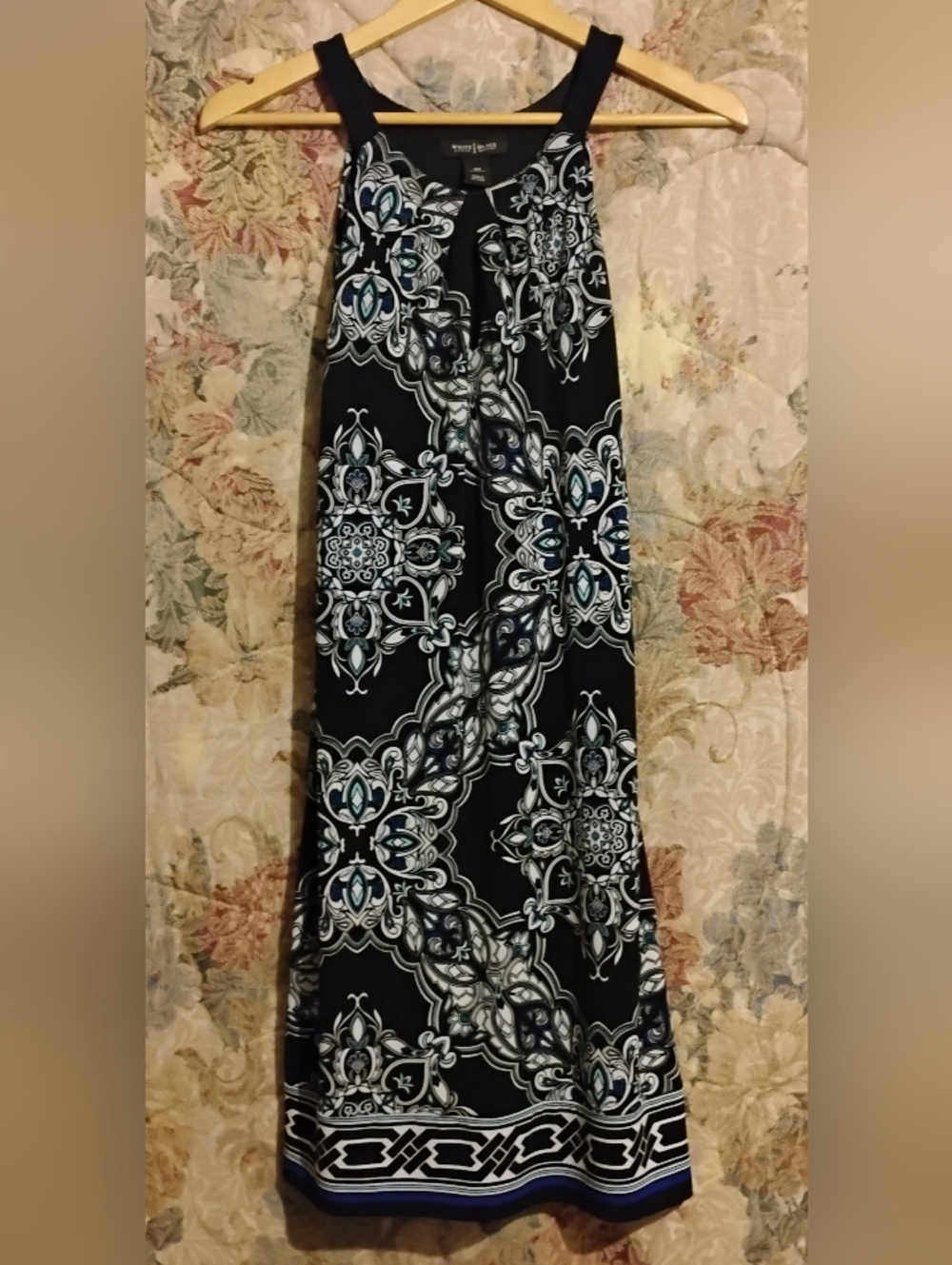 White House Black Market XS Midi Dress Blk/Wht Blue Accents